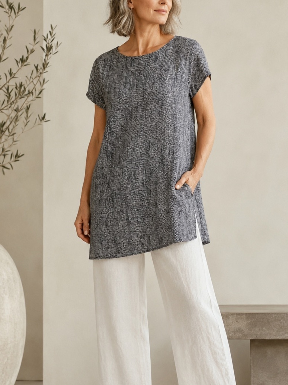 Eileen Fisher Petite Silk Organic Cotton Long Tunic Top Gray Geometric Print PM